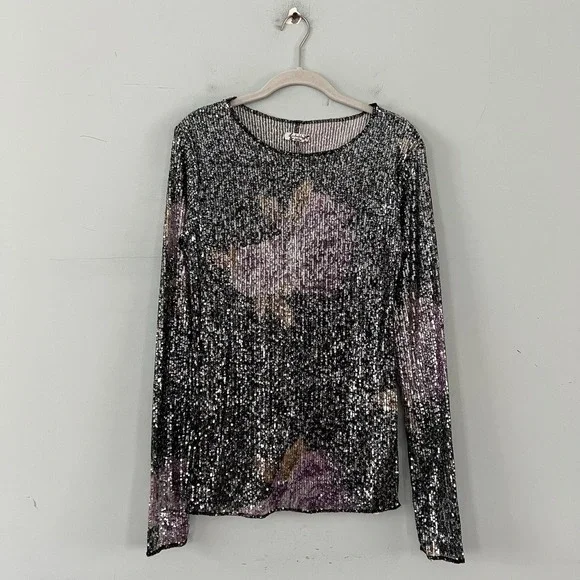 NWT Free People Intimately Gold Rush Black Combo Printed Sequin Long Sleeve - Picture 4 of 6